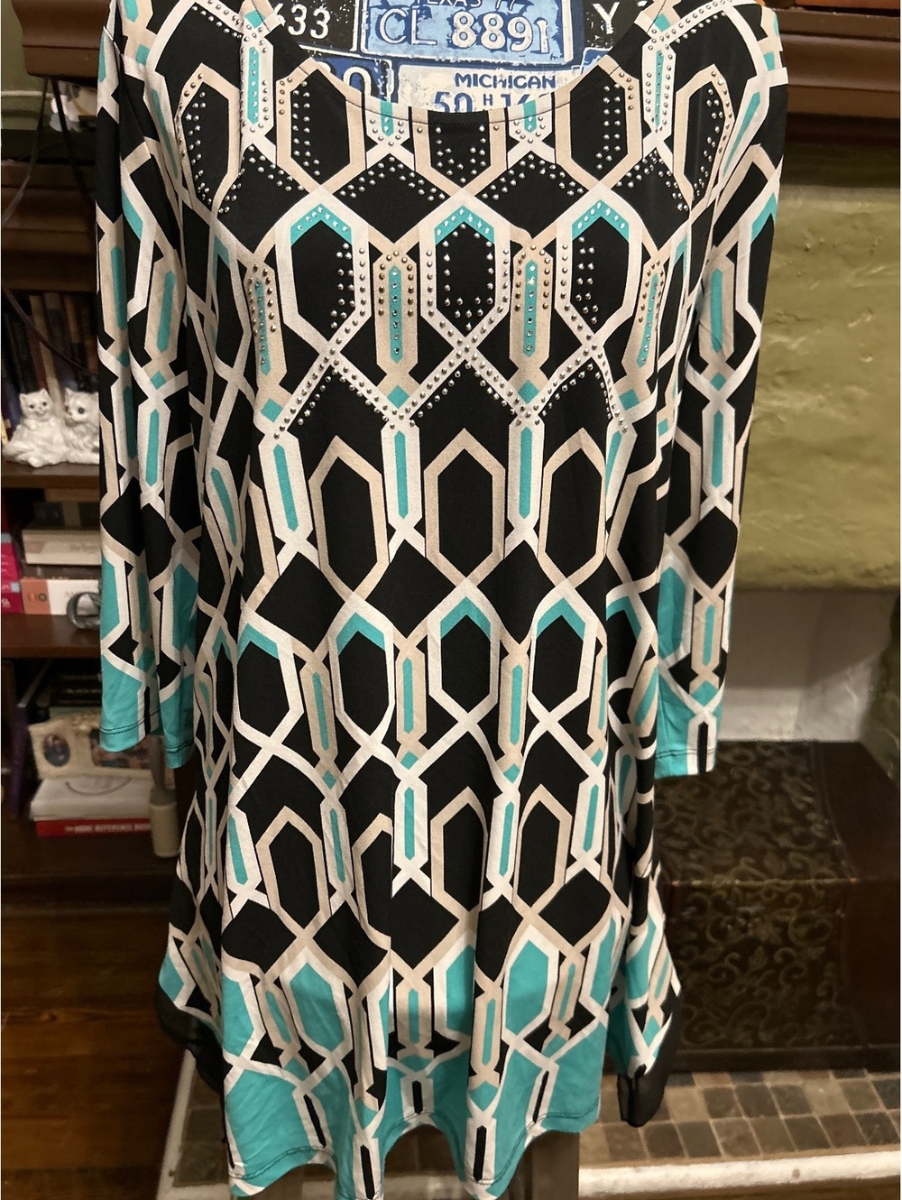 Women's Long Sleeve Geometric Print Tunic with Studded Detail